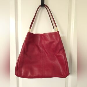 Coach Madison Phoebe Coral Red Pebbled Leather Zip Middle Shoulder Bag Purse